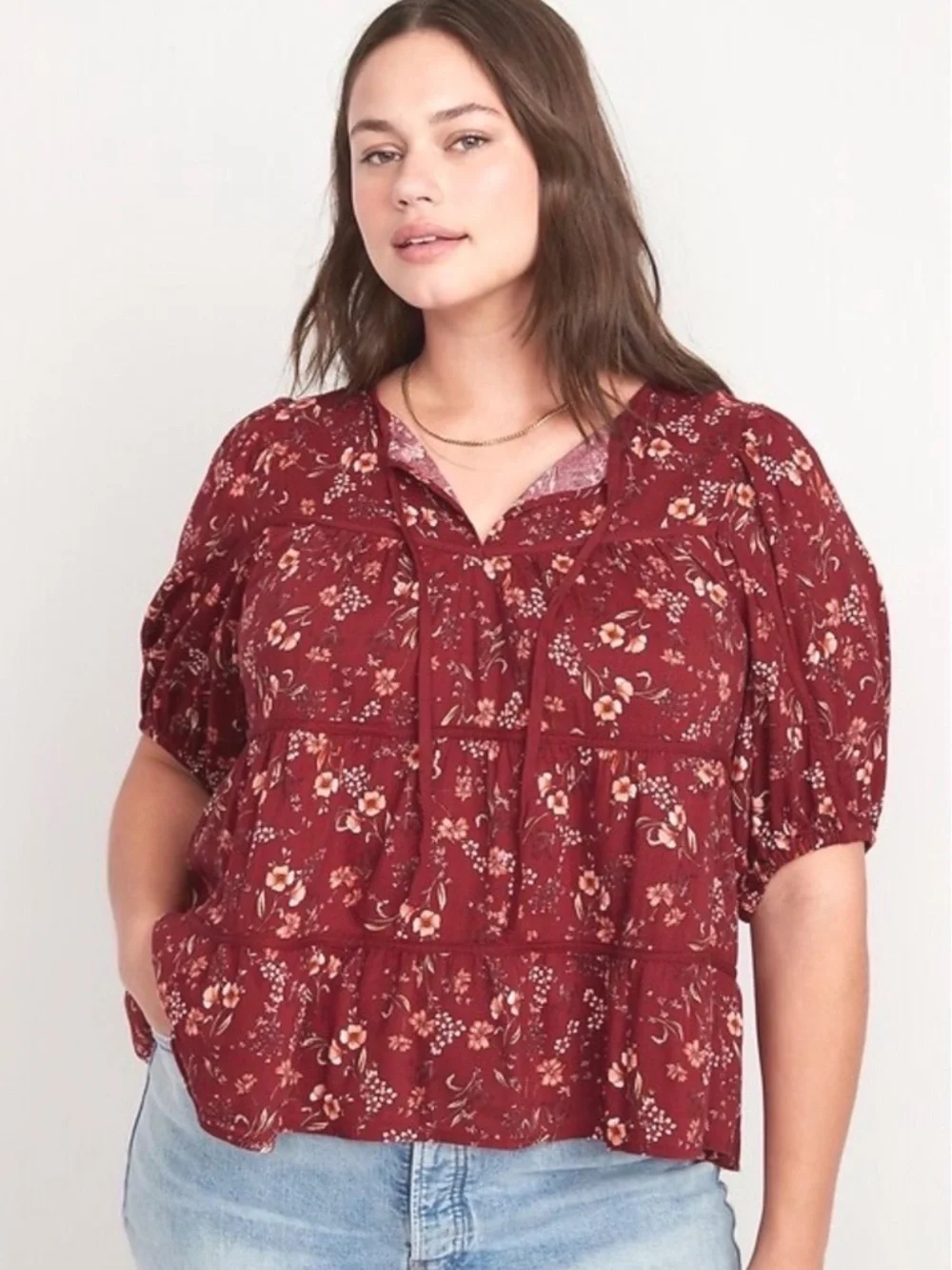 Old Navy Puff-Sleeve Floral Tiered Swing Boho Top Burgundy Floral XXL Flowy